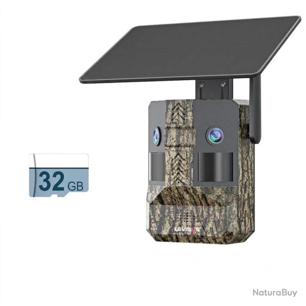 Cam�ra de Chasse 4G LTE Solaire Double Objectif 180� Vision Nocturne Couleur 10400mAh IP66 IA 32Go
