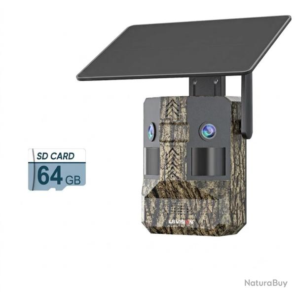 Cam�ra de Chasse 4G LTE Solaire Double Objectif 180� Vision Nocturne Couleur 10400mAh IP66 IA 64 Go