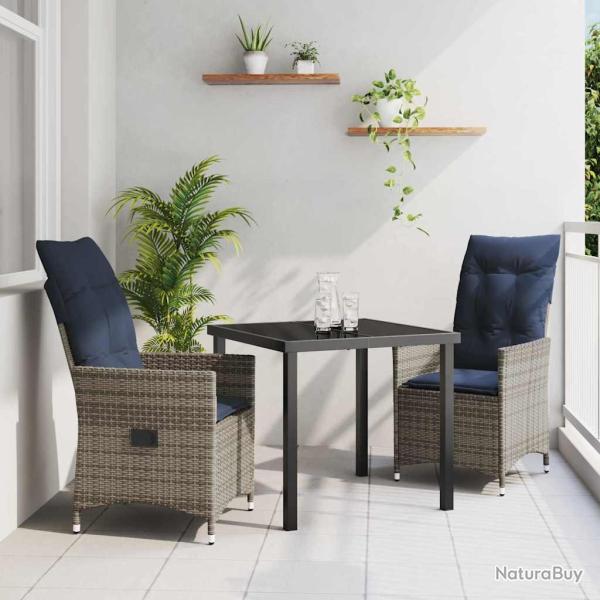 Ensemble table et chaises avec coussin 3 pcs Gris Rotin PE