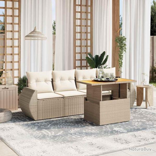 Salon de jardin avec coussins 5 pcs beige r�sine tress�e