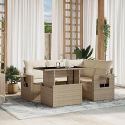 Salon de jardin avec coussins 5 pcs beige r&eacute;sine tress&eacute;e