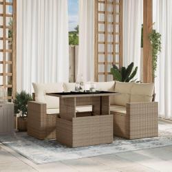 Salon de jardin avec coussins 5 pcs beige r&eacute;sine tress&eacute;e