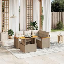 Salon de jardin avec coussins 5 pcs beige r&eacute;sine tress&eacute;e