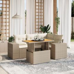 Salon de jardin avec coussins 5 pcs beige r&eacute;sine tress&eacute;e