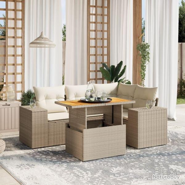 Salon de jardin avec coussins 5 pcs beige r�sine tress�e