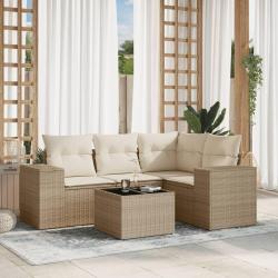 Salon de jardin avec coussins 5 pcs beige r&eacute;sine tress&eacute;e
