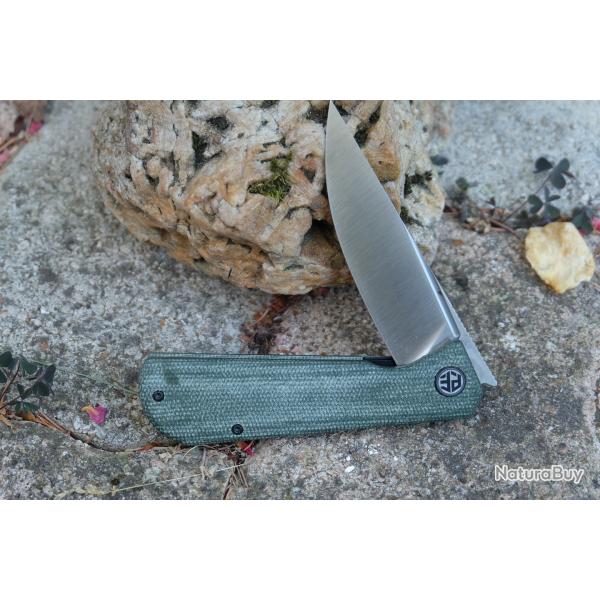 Couteau PETRIFIED FISH Viking Lame Acier K110 Satin Manche Micarta Green Liner Lock Clip
