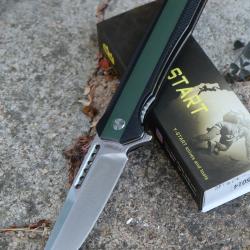 Couteau Y-START Flipper Dual-Tone Lame Acier 14C28N Drop Point Satin Manche Black & Green G10 Liner