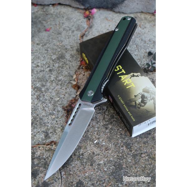 Couteau Y-START Flipper Dual-Tone Lame Acier 14C28N Drop Point Satin Manche Black & Green G10 Liner