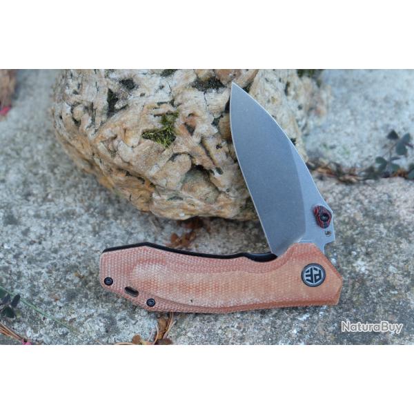 Couteau PETRIFIED FISH Havrog Lame Acier K110 Stonewash Manche Micarta Brown Liner Lock Clip