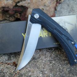 Couteau Y-Start Lame Scrimitar Acier D2 Stonewash Manche G10 Black Liner Lock Clip