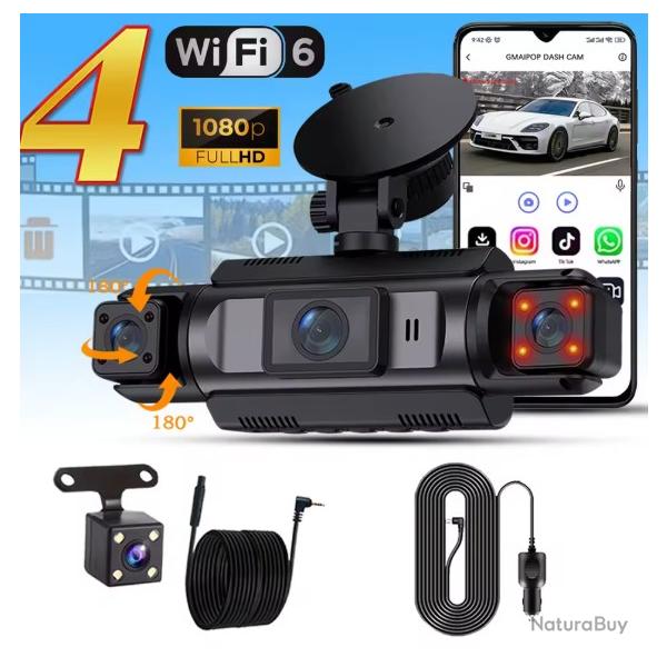 Cam�ra de voiture Dashcam WiFi 4Ch, bo�te noire, DVR de conduite FHD 1080P, 32G Card