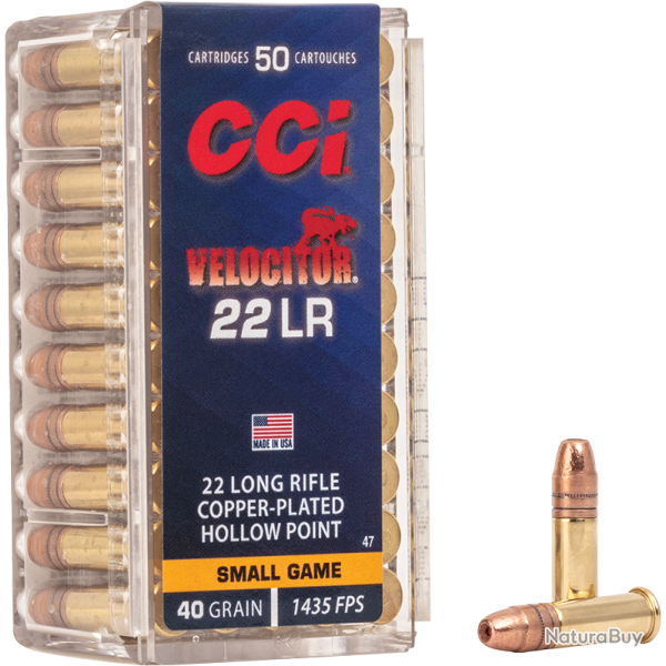 CART CCI C/22LR VELOCITOR 40GR COPPER PLATED HOLLOW POINT 1 boite de 50
