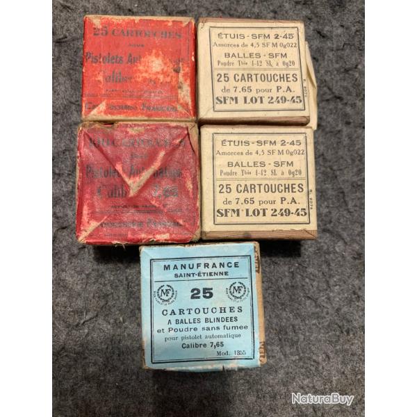 Munitions de collection cal 7.65mm/32auto Manufrance et cartoucherie Fran�aise 5 boites de 25