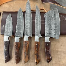 Set de 5 Couteaux de Chef ARTISANAL Couteaux de Cuisine avec &Eacute;tui en Cuir  .. ENCHERE 1 EURO