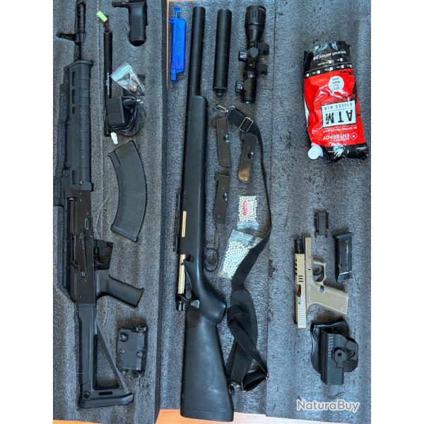 Lots airsoft 3 armes fontionnelles avec �quipement