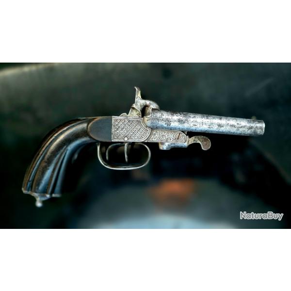 Pistolet de voyage ancien � percussion double canon ? XIX? si�cle ? "Acier Fondu"