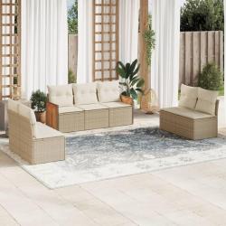 Salon de jardin avec coussins 7 pcs beige r&eacute;sine tress&eacute;e