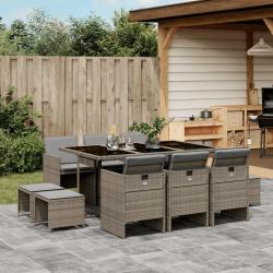 Ensemble &agrave; manger de jardin 11pcs avec coussins gris poly rotin