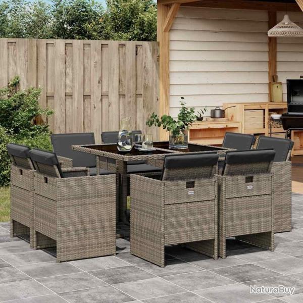 Ensemble � manger de jardin 9 pcs coussins gris r�sine tress�e