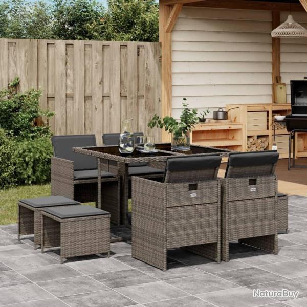 Ensemble � manger de jardin 9 pcs coussins gris r�sine tress�e