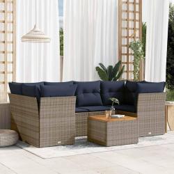 Salon de jardin 7 pcs avec coussins gris r&eacute;sine tress&eacute;e
