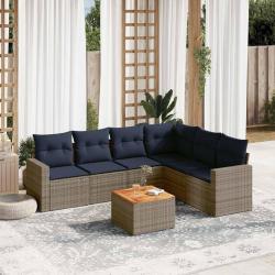 Salon de jardin 7 pcs avec coussins gris r&eacute;sine tress&eacute;e
