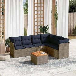Salon de jardin 7 pcs avec coussins gris r&eacute;sine tress&eacute;e
