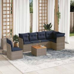 Salon de jardin 7 pcs avec coussins gris r&eacute;sine tress&eacute;e