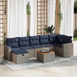 Salon de jardin 8 pcs avec coussins gris r&eacute;sine tress&eacute;e