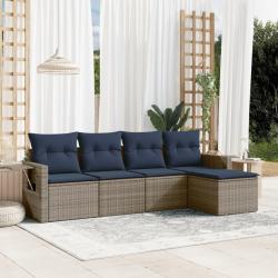 Ensemble de canap&eacute; de jardin 5 pcs avec coussins gris r&eacute;sine tress&eacute;e