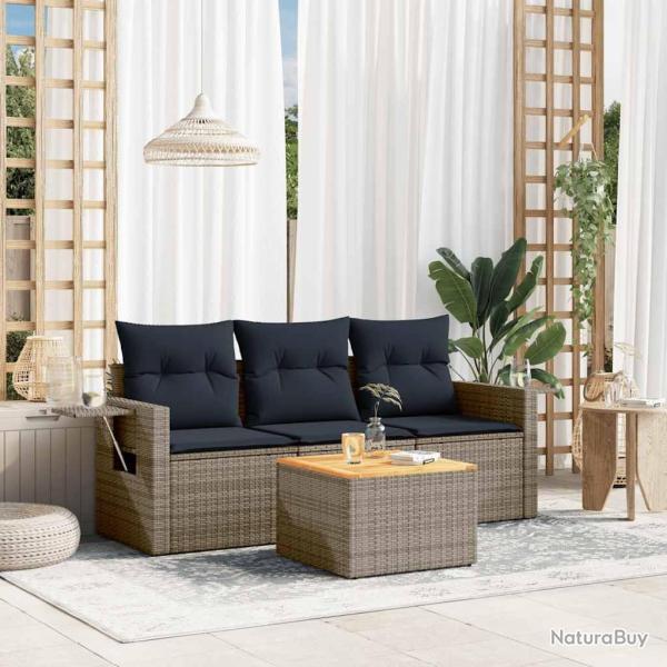 Ensemble de canap� de jardin 4 pcs avec coussins gris r�sine tress�e
