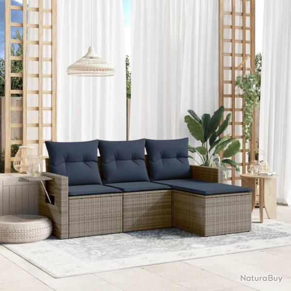 Ensemble de canap� de jardin 4 pcs avec coussins gris r�sine tress�e