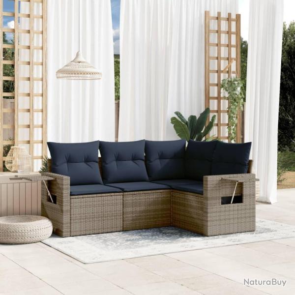 Ensemble de canap� de jardin 4 pcs avec coussins gris r�sine tress�e