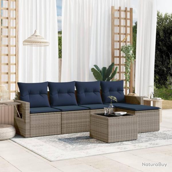 Ensemble de canap� de jardin 6 pcs avec coussins gris r�sine tress�e
