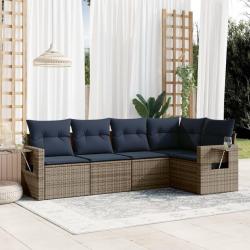 Ensemble de canap&eacute; de jardin 5 pcs avec coussins gris r&eacute;sine tress&eacute;e