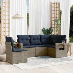 Ensemble de canap&eacute; de jardin 5 pcs avec coussins gris r&eacute;sine tress&eacute;e