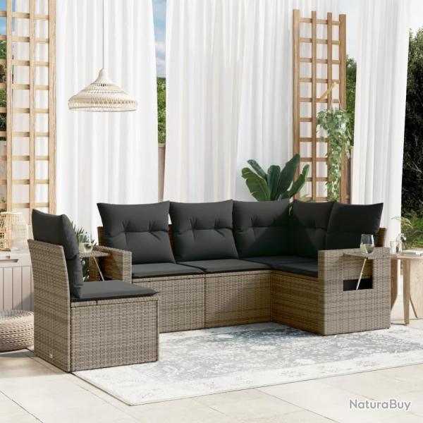 Ensemble de canap� de jardin 5 pcs avec coussins gris r�sine tress�e