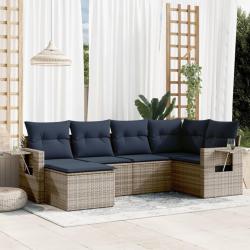 Ensemble de canap&eacute; de jardin 6 pcs avec coussins gris r&eacute;sine tress&eacute;e