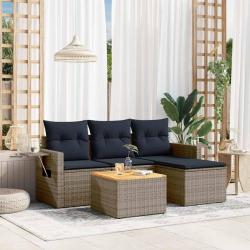 Ensemble de canap&eacute; de jardin 5 pcs avec coussins gris r&eacute;sine tress&eacute;e