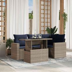 Ensemble de canap&eacute; de jardin 5 pcs avec coussins gris r&eacute;sine tress&eacute;e