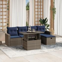 Ensemble de canap&eacute; de jardin 6 pcs avec coussins gris r&eacute;sine tress&eacute;e