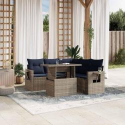 Ensemble de canap&eacute; de jardin 6 pcs avec coussins gris r&eacute;sine tress&eacute;e