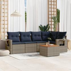 Ensemble de canap&eacute; de jardin 6 pcs avec coussins gris r&eacute;sine tress&eacute;e