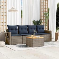 Ensemble de canap&eacute; de jardin 5 pcs avec coussins gris r&eacute;sine tress&eacute;e