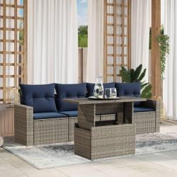 Ensemble de canap&eacute; de jardin 5 pcs avec coussins gris r&eacute;sine tress&eacute;e