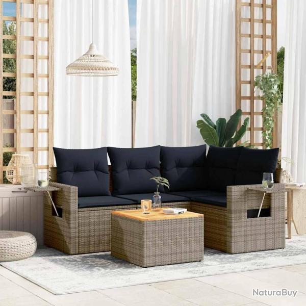 Ensemble de canap� de jardin 5 pcs avec coussins gris r�sine tress�e