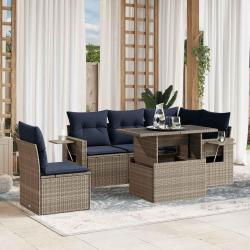 Ensemble de canap&eacute; de jardin 6 pcs avec coussins gris r&eacute;sine tress&eacute;e