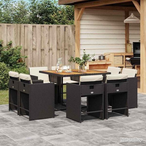 Ensemble � manger de jardin 9pcs coussins noir r�sine tress�e