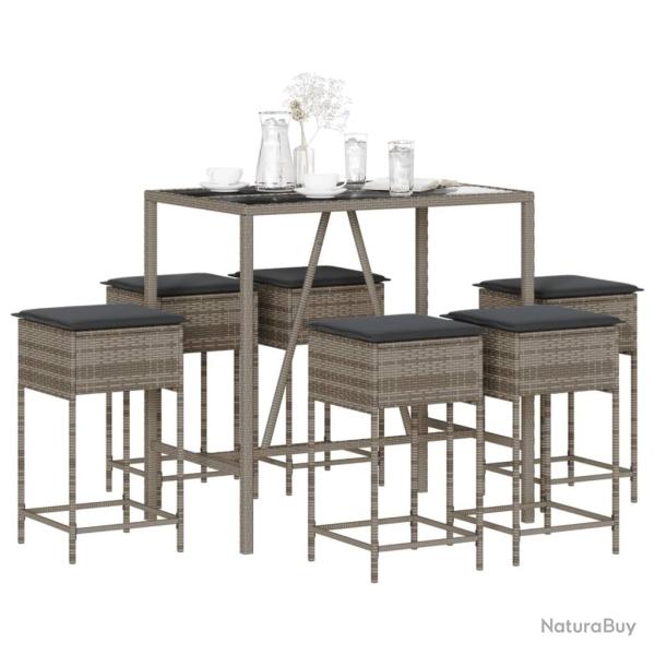 Ensemble de bar de jardin 7 pcs avec coussins gris poly rotin